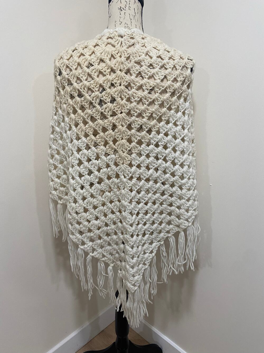 Vintage 70s Fringed Handmade Crocheted White & Cream Blanket Shawl Wrap